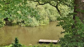 A river with a wooden dock, surrounded by dense greenery and trees.