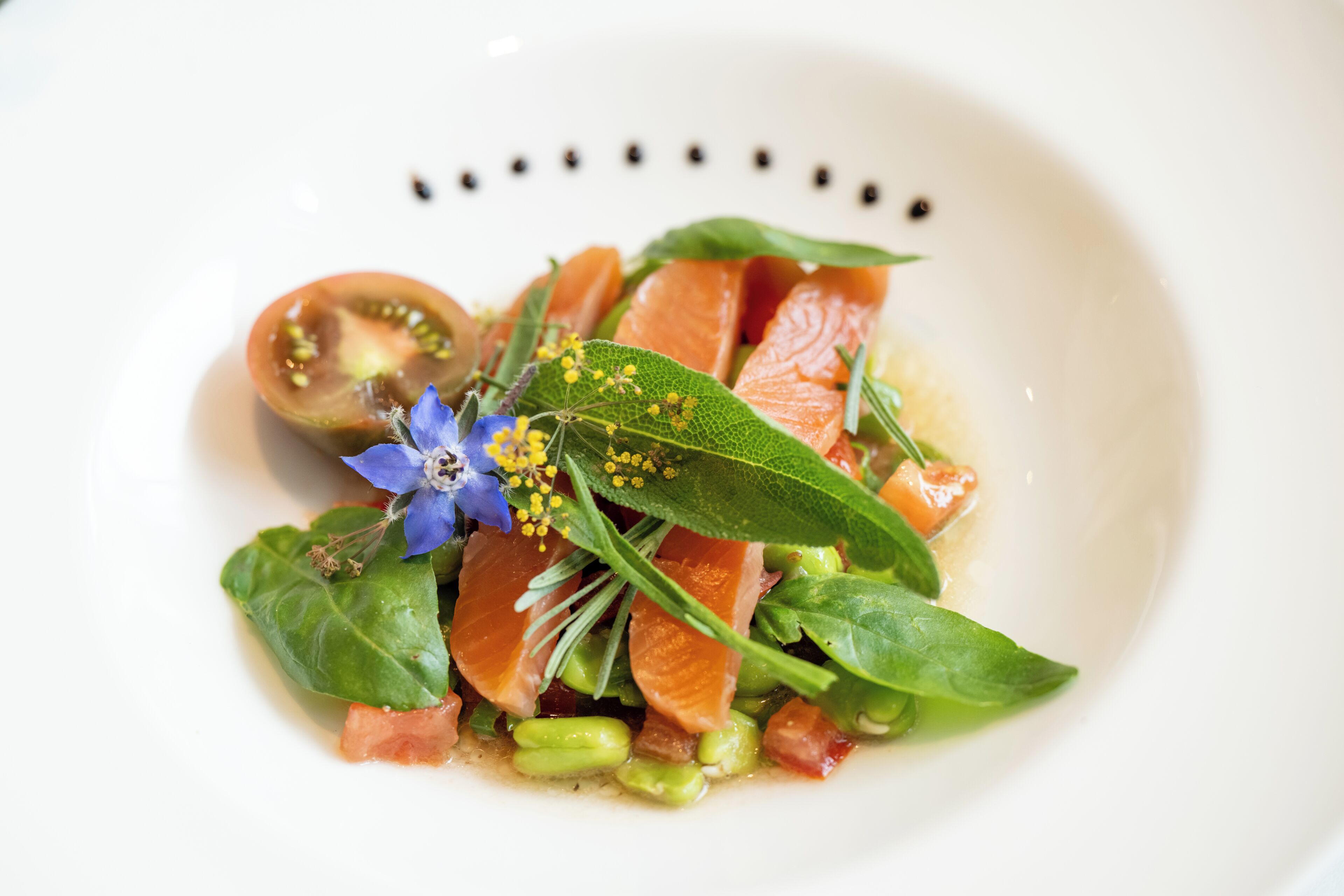 A white plate with a salad of salmon, greens, and a blue flower garnish.