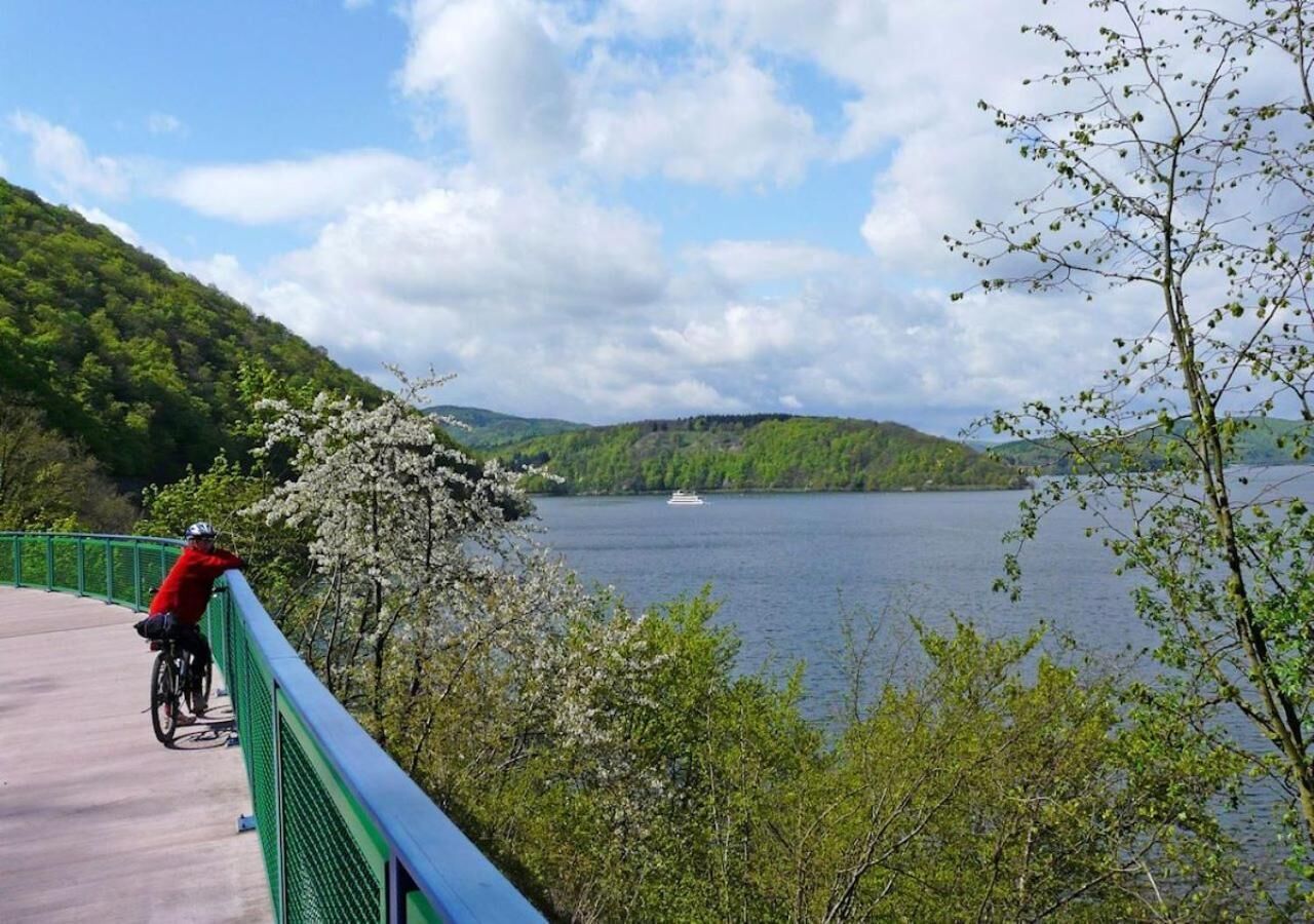 Un ciclista en un puente, con vista a un lago y colinas al fondo.