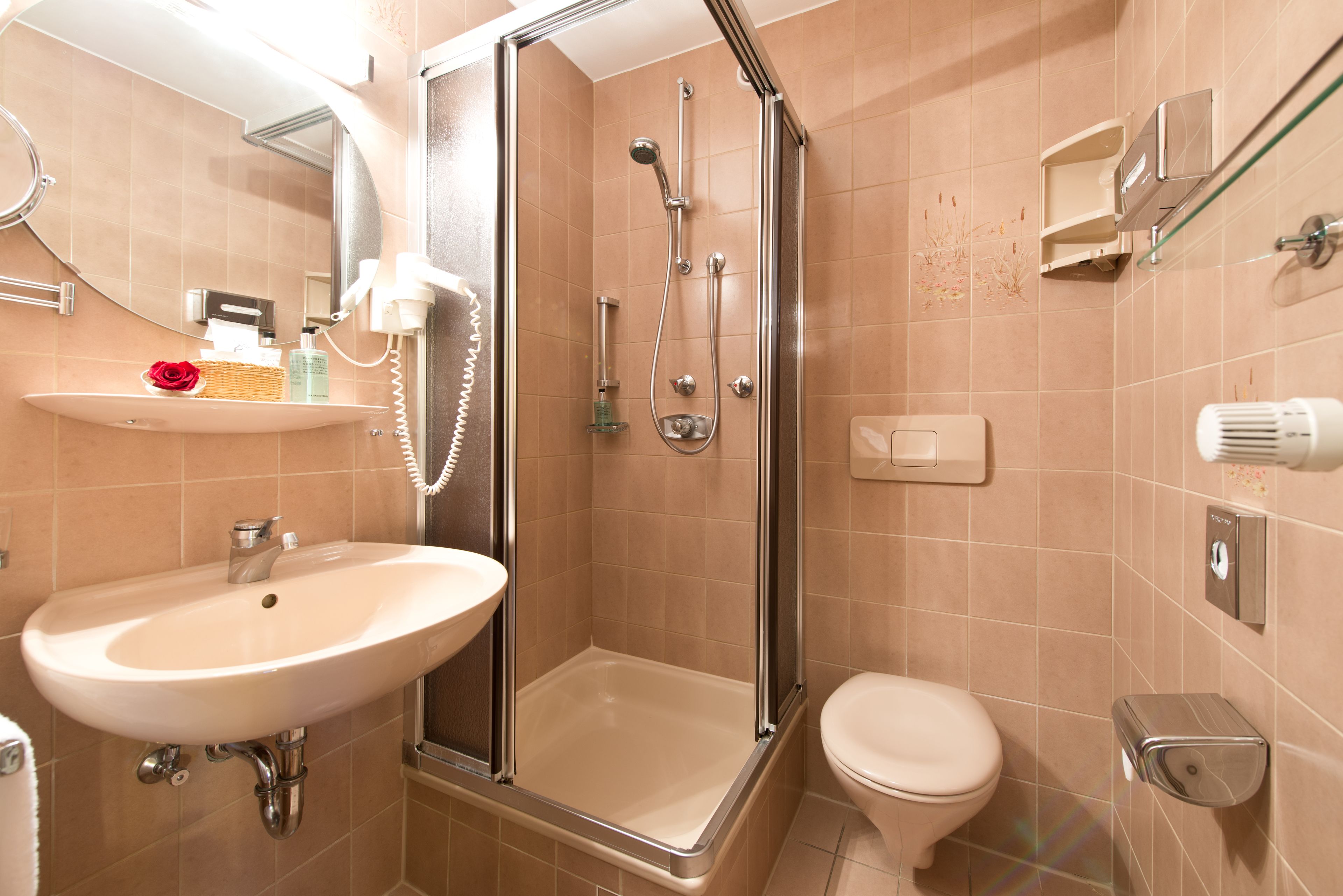 A modern bathroom with a glass-enclosed shower, a sink, and a toilet.