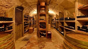 Une cave à vin avec des barriques en bois et des étagères remplies de bouteilles de vin.