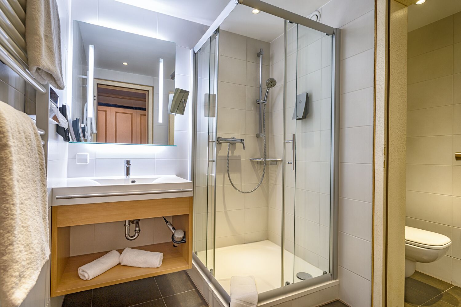 A modern bathroom with a glass-enclosed shower, a sink with a mirror above, and a toilet.