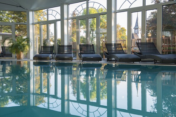 Indoor pool, open 8:00 AM to 8:00 PM, sun loungers