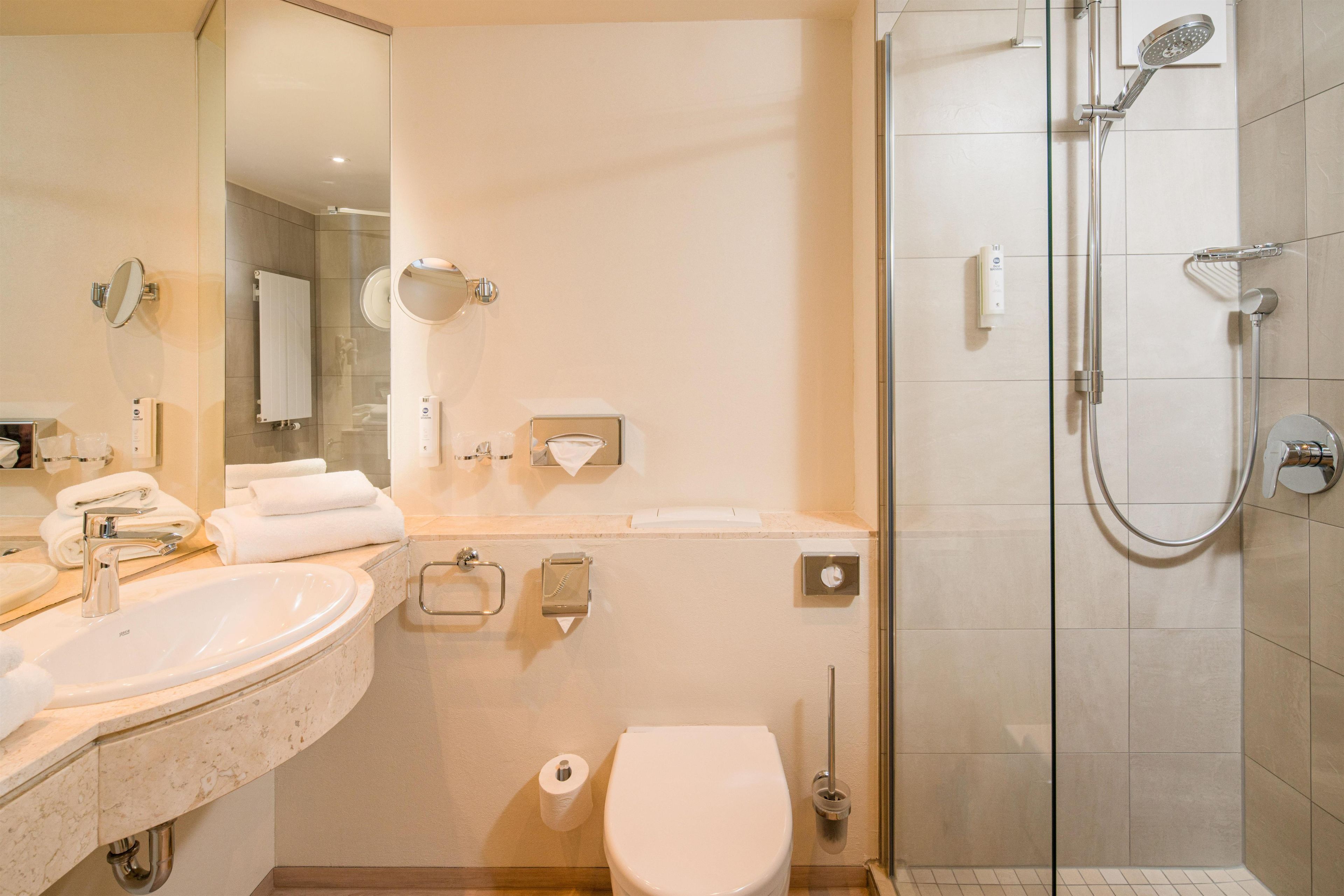 A modern bathroom with a large sink, mirror, toilet, and a walk-in shower.