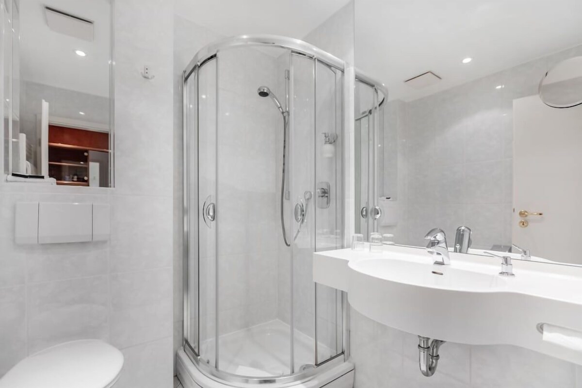 A modern bathroom with a glass-enclosed shower, a white sink, and a toilet.