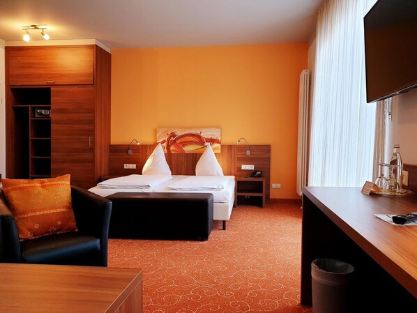 Desk, laptop workspace, blackout curtains, iron/ironing board