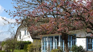 A traditional house with a thatched roof, surrounded by a well-maintained garden and blooming trees.