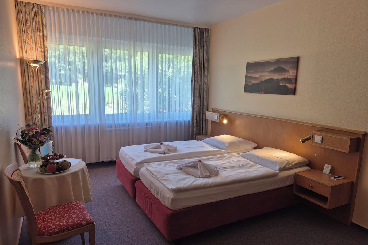 Une chambre d’hôtel avec deux lits, une petite table sur laquelle est posé un vase de fleurs, une chaise et un tableau au mur.