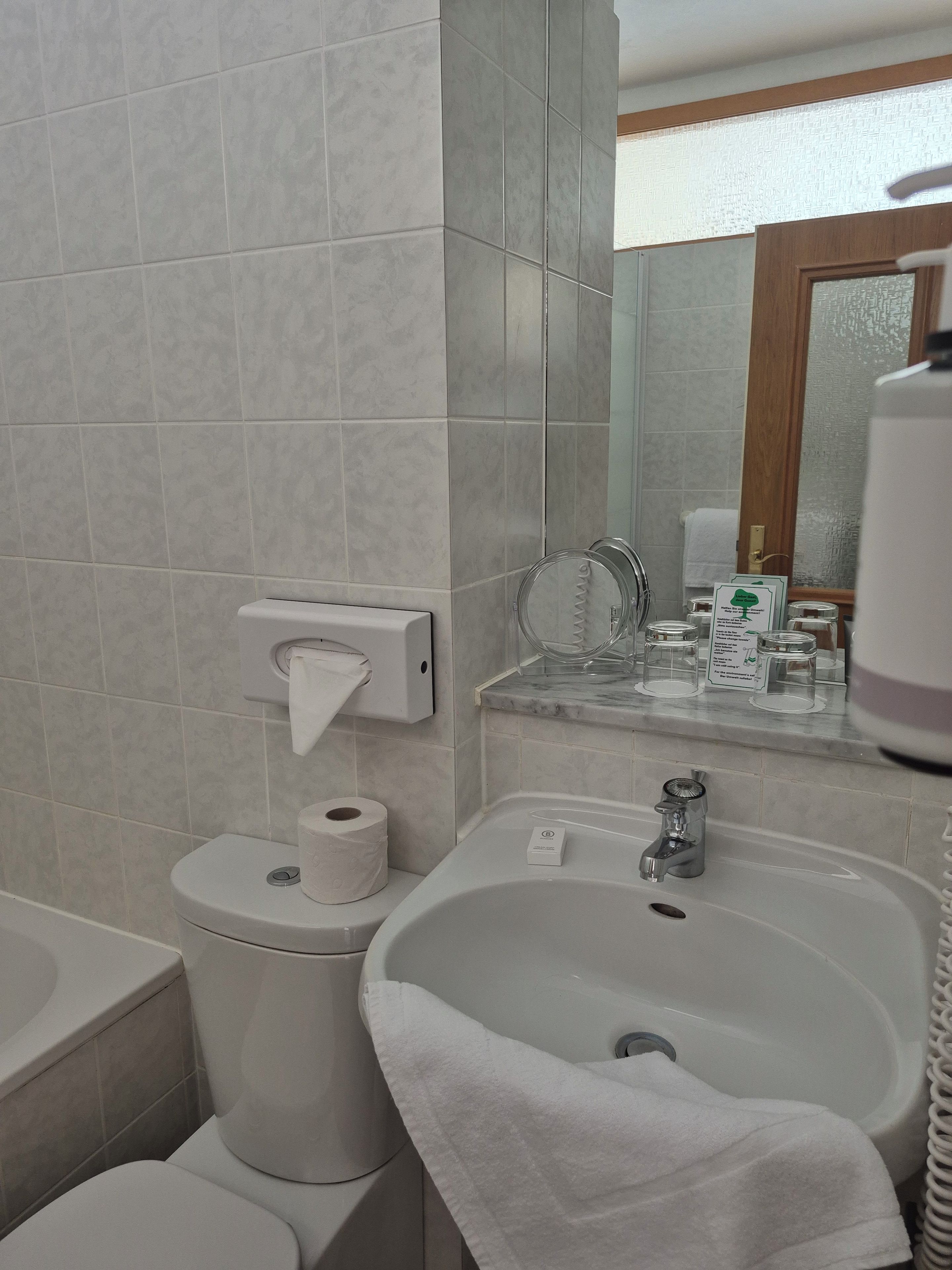 Un baño con inodoro, lavamanos y espejo.