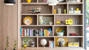 A bookshelf with various items including books, a globe, a guitar, and decorative objects. - ibis Geneve Centre Gare (Geneva)