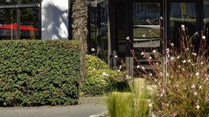 A modern hotel with a prominent 'ibis' sign, a palm tree, and well-maintained landscaping. - ibis Angouleme Nord (Champniers)