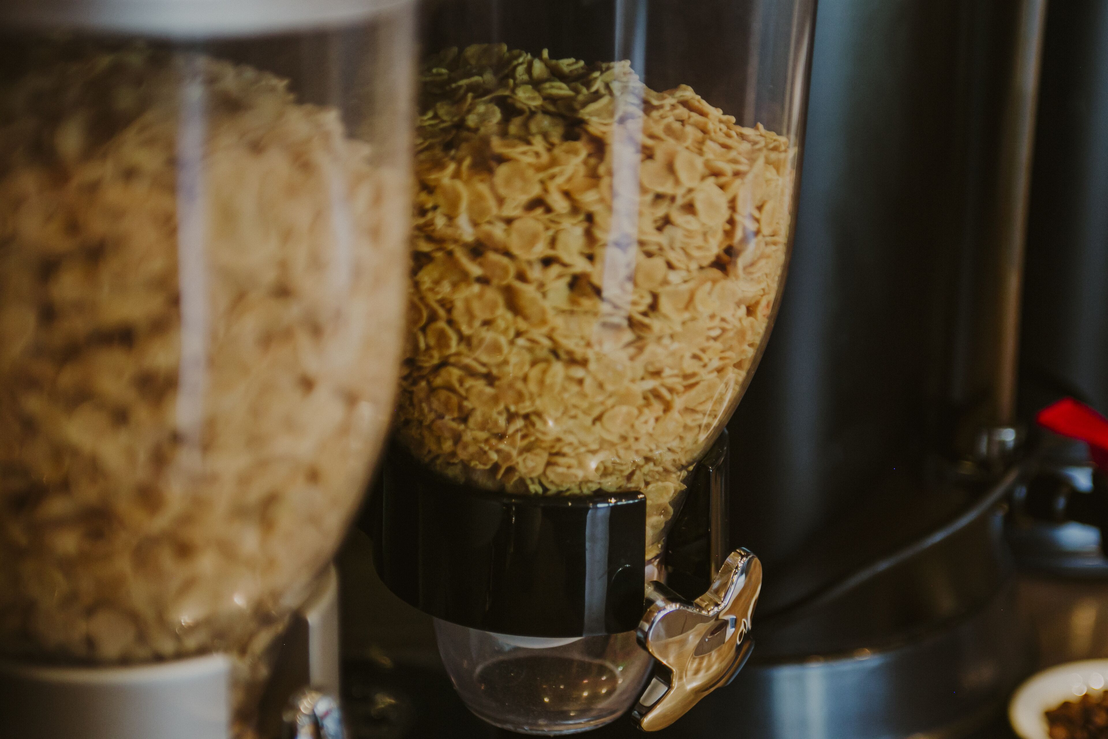Procesador de alimentos con un recipiente transparente lleno de copos de cereales.
