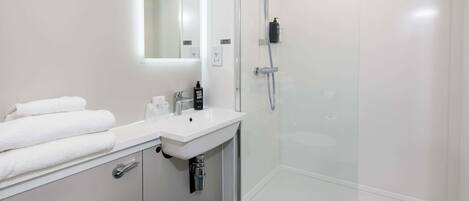 A modern bathroom with a glass-enclosed shower, a white sink, and a mirror above the sink.