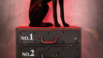 A sculpture of a dog on top of a three-drawer metal cabinet with labels "No.1", "No.2", and "No.3".