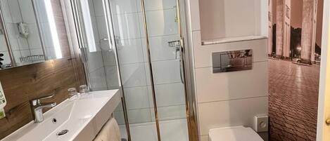 A modern bathroom with a glass-enclosed shower, a sink with a mirror, and a toilet.