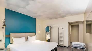 Desk, laptop workspace, blackout drapes, soundproofing