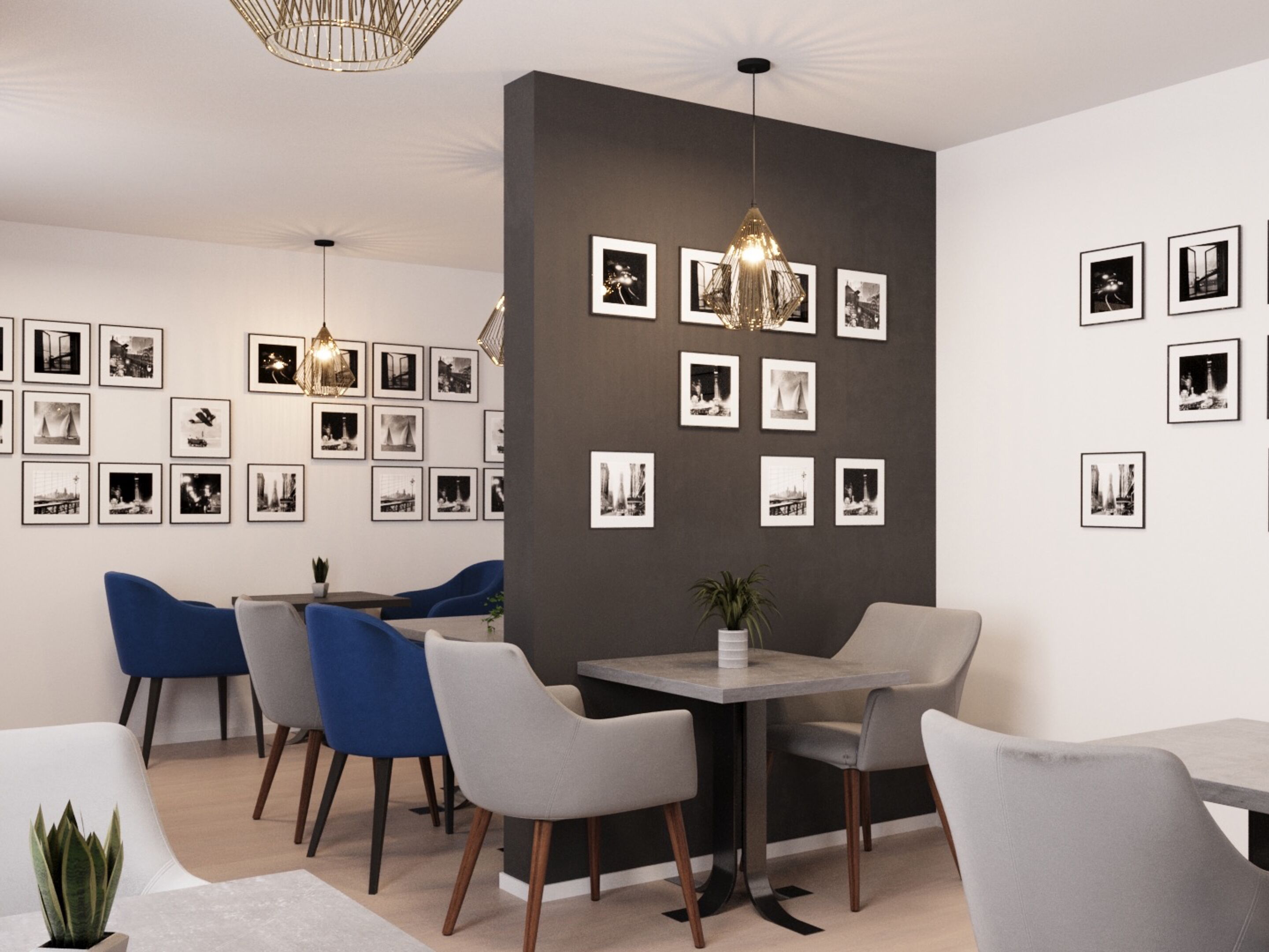 A modern dining area with a dark accent wall, multiple framed photographs, and contemporary furniture.