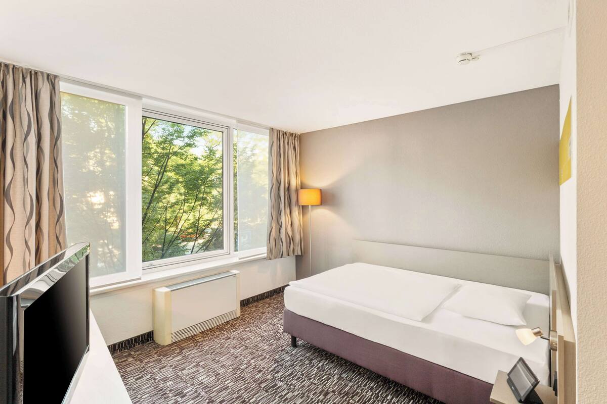 Hotelkamer met een bed, een televisie, een raam met gordijnen, een lamp en uitzicht op bomen.