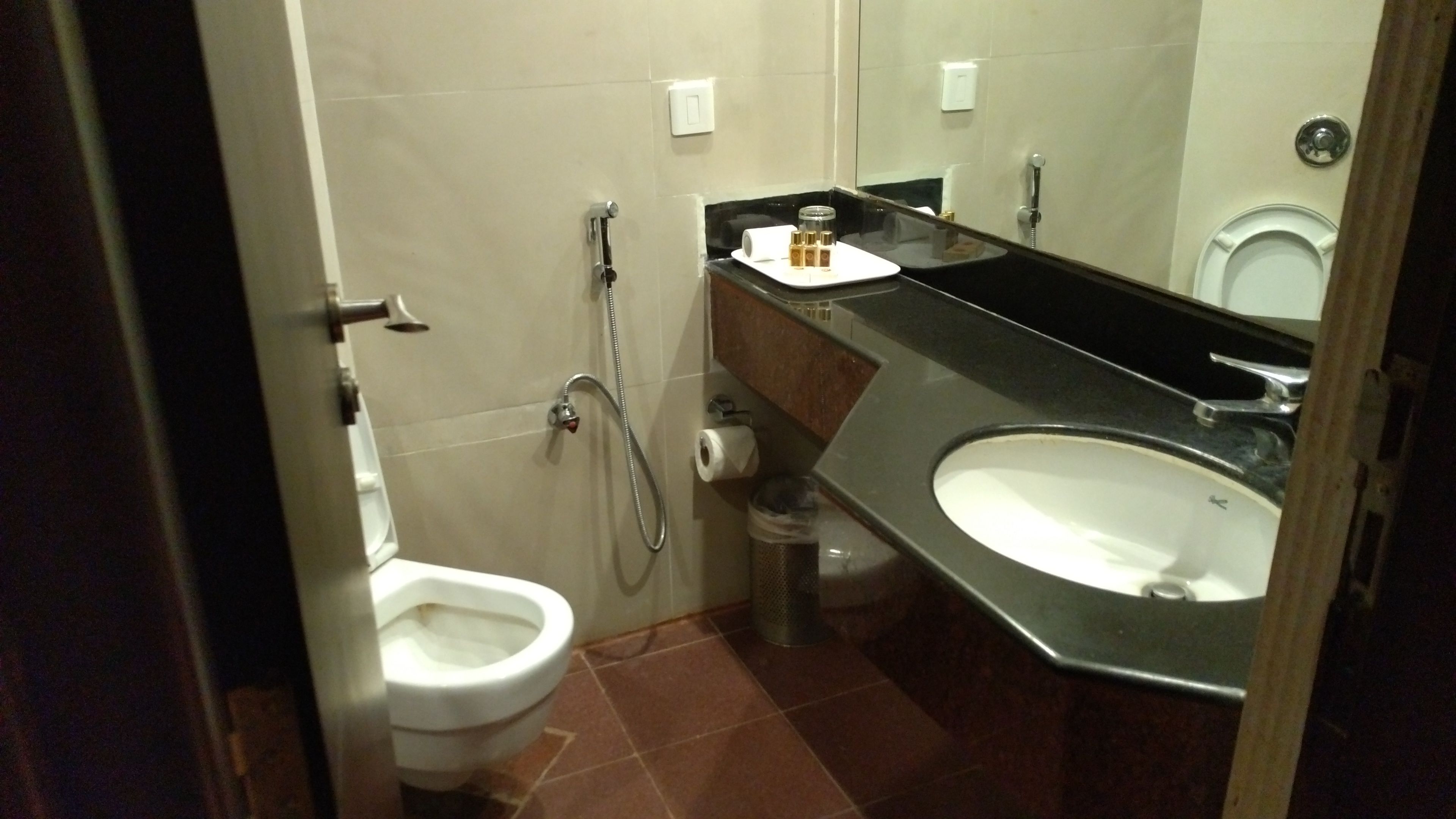 Ein Badezimmer mit Toilette, Waschbecken und Dusche.