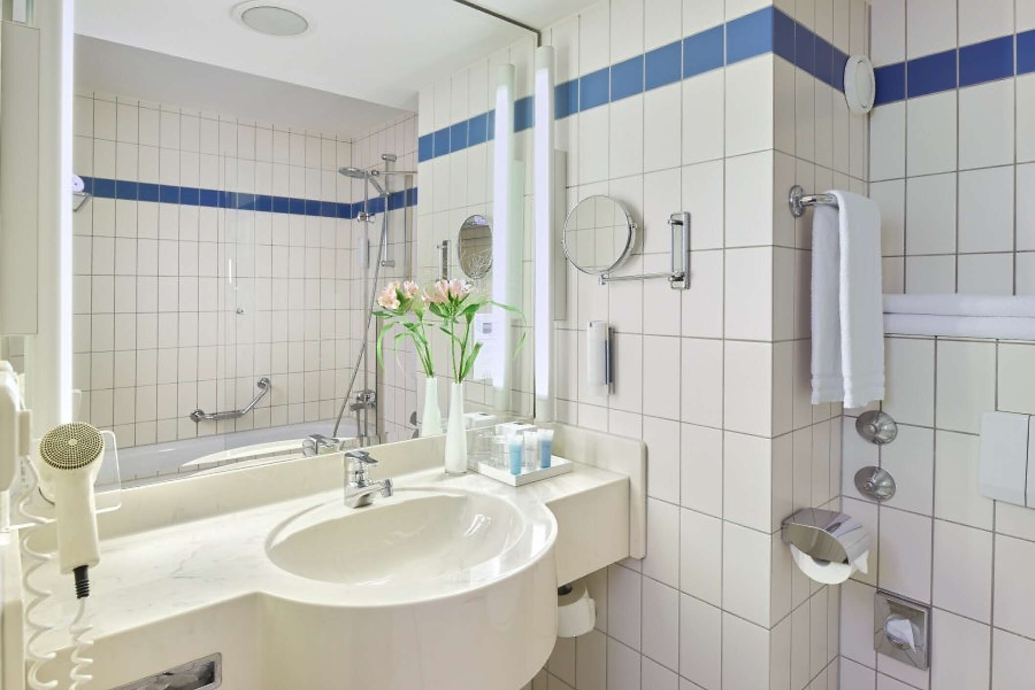 free toiletries, hair dryer, bathrobes, towels