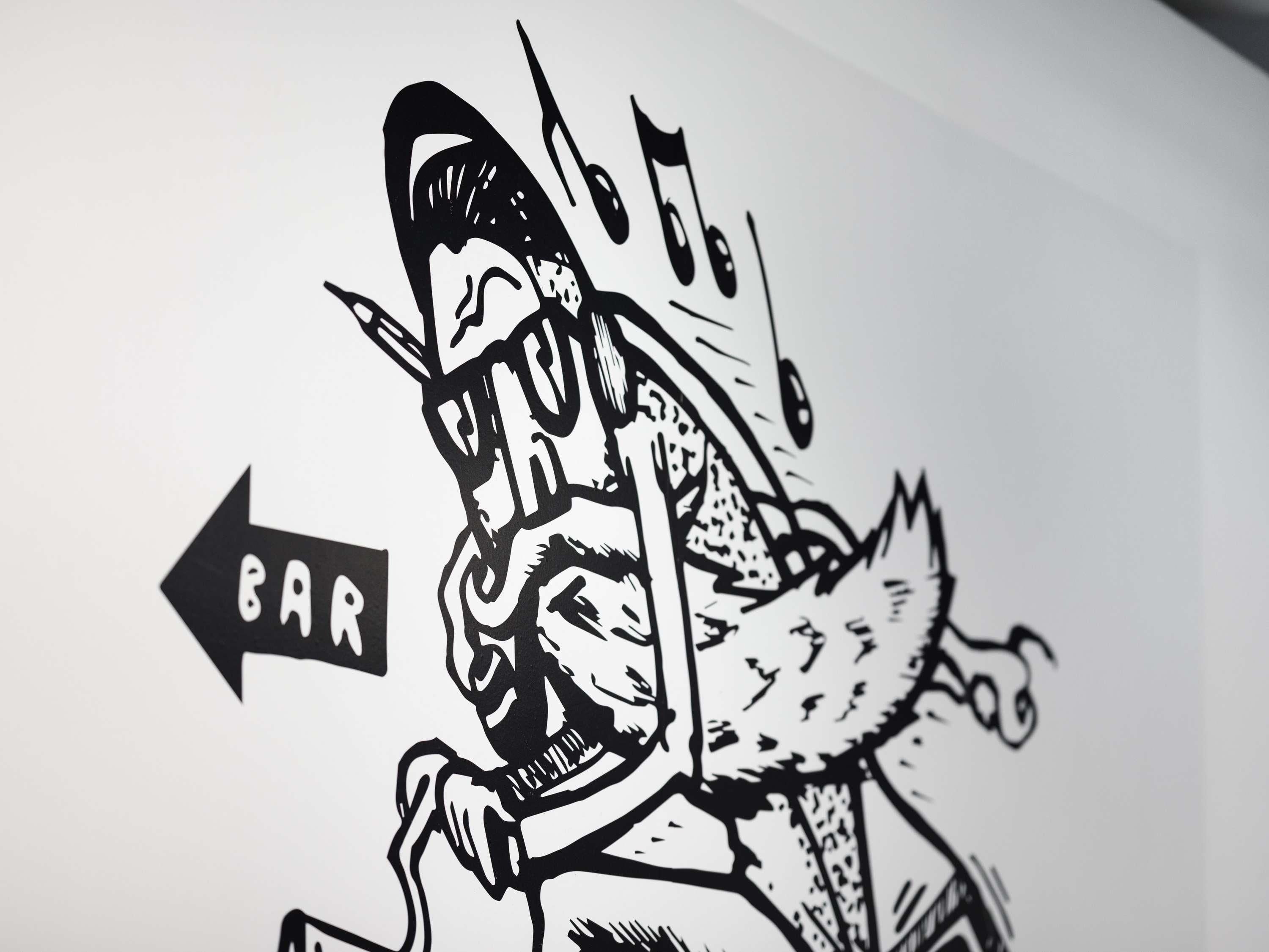 A stylized illustration of a person with a backpack and a sign indicating a bar direction.
