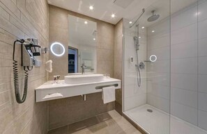 Shower, rainfall showerhead, eco-friendly toiletries, hair dryer
