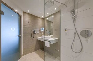 Shower, rainfall showerhead, eco-friendly toiletries, hair dryer