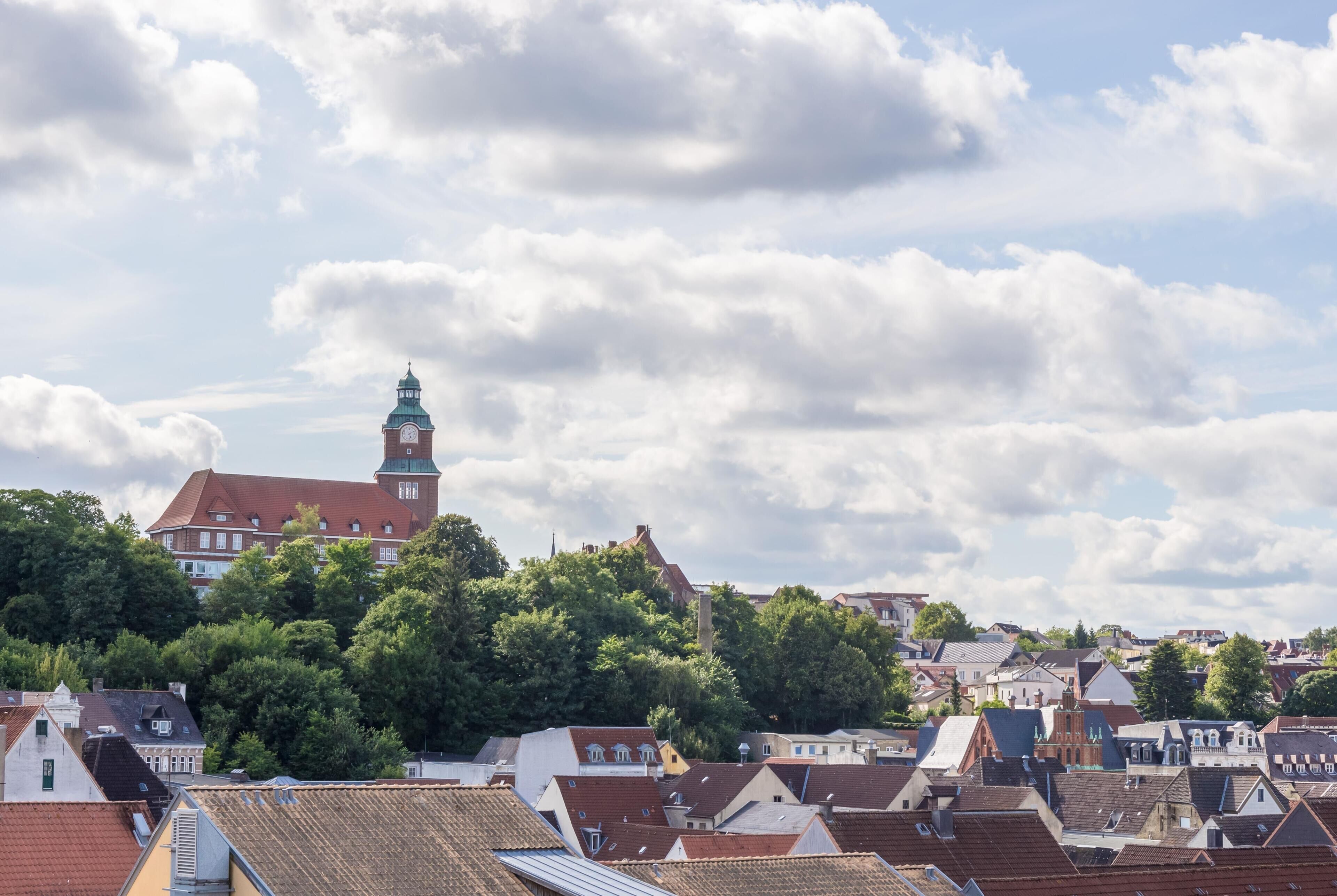 A town with historic buildings, a prominent clock tower, and dense greenery.