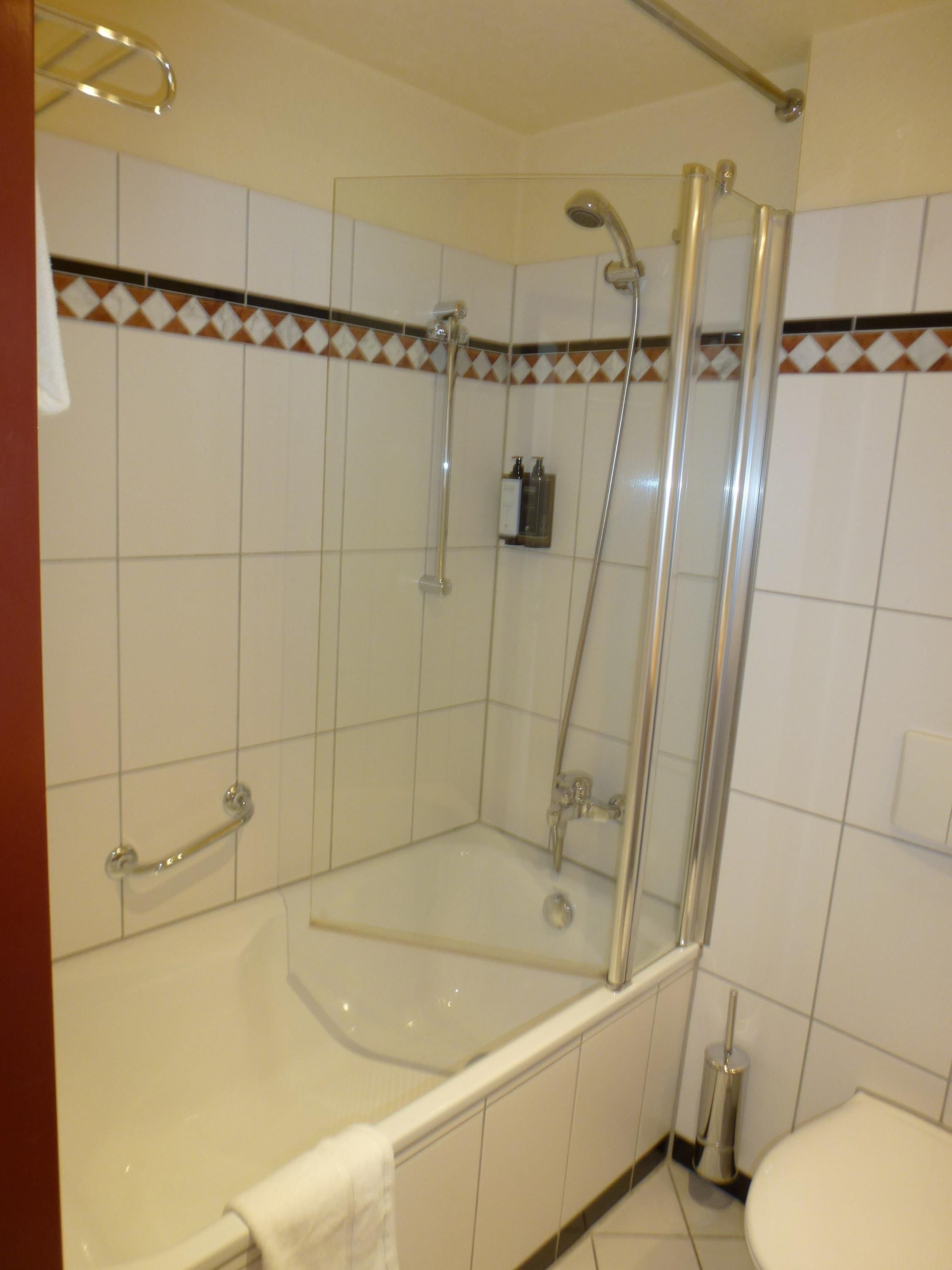 A bathroom with a glass-enclosed shower, a bathtub, and a toilet.