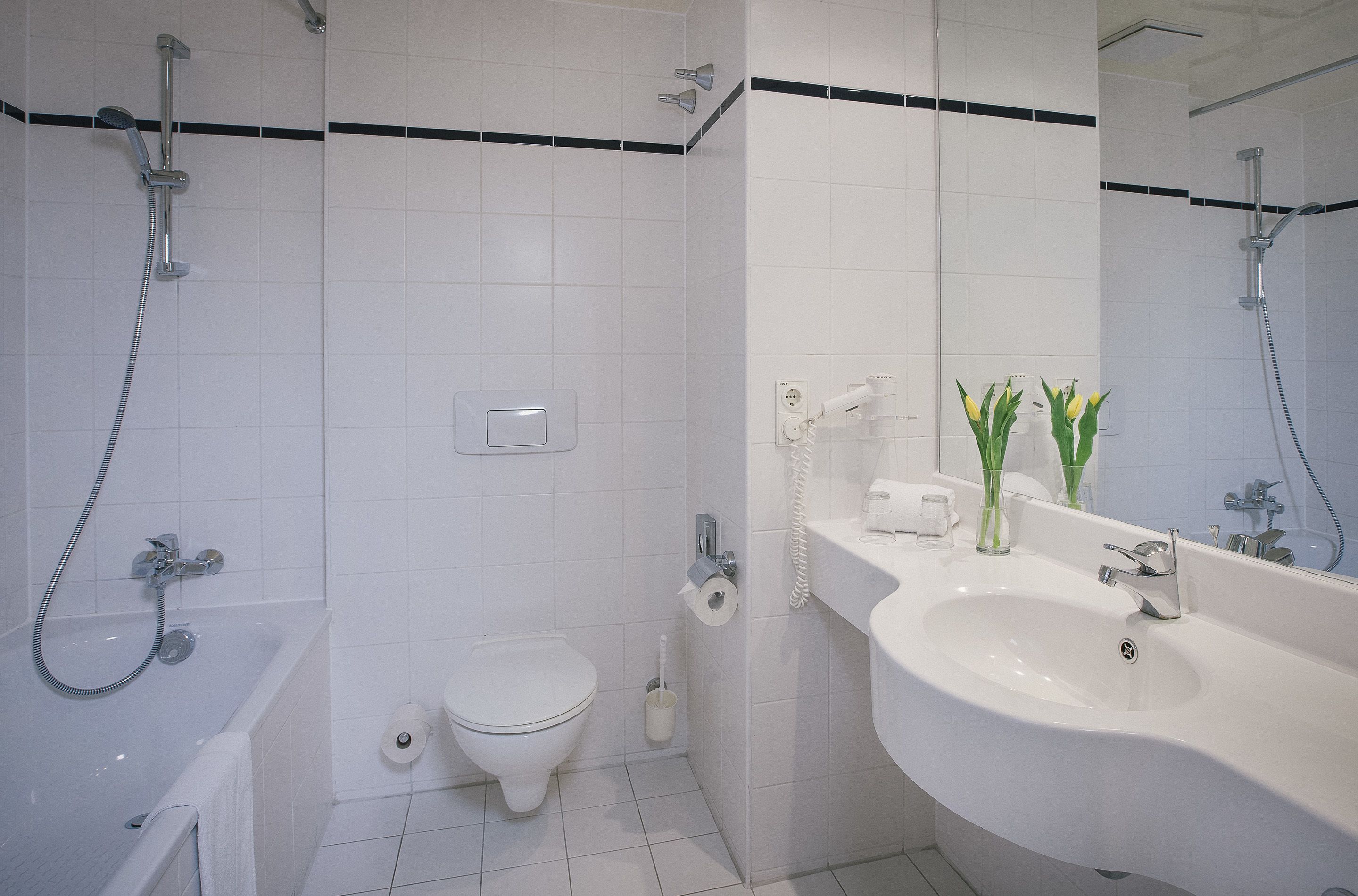 combined shower/bathtub, deep-soaking bathtub, free toiletries