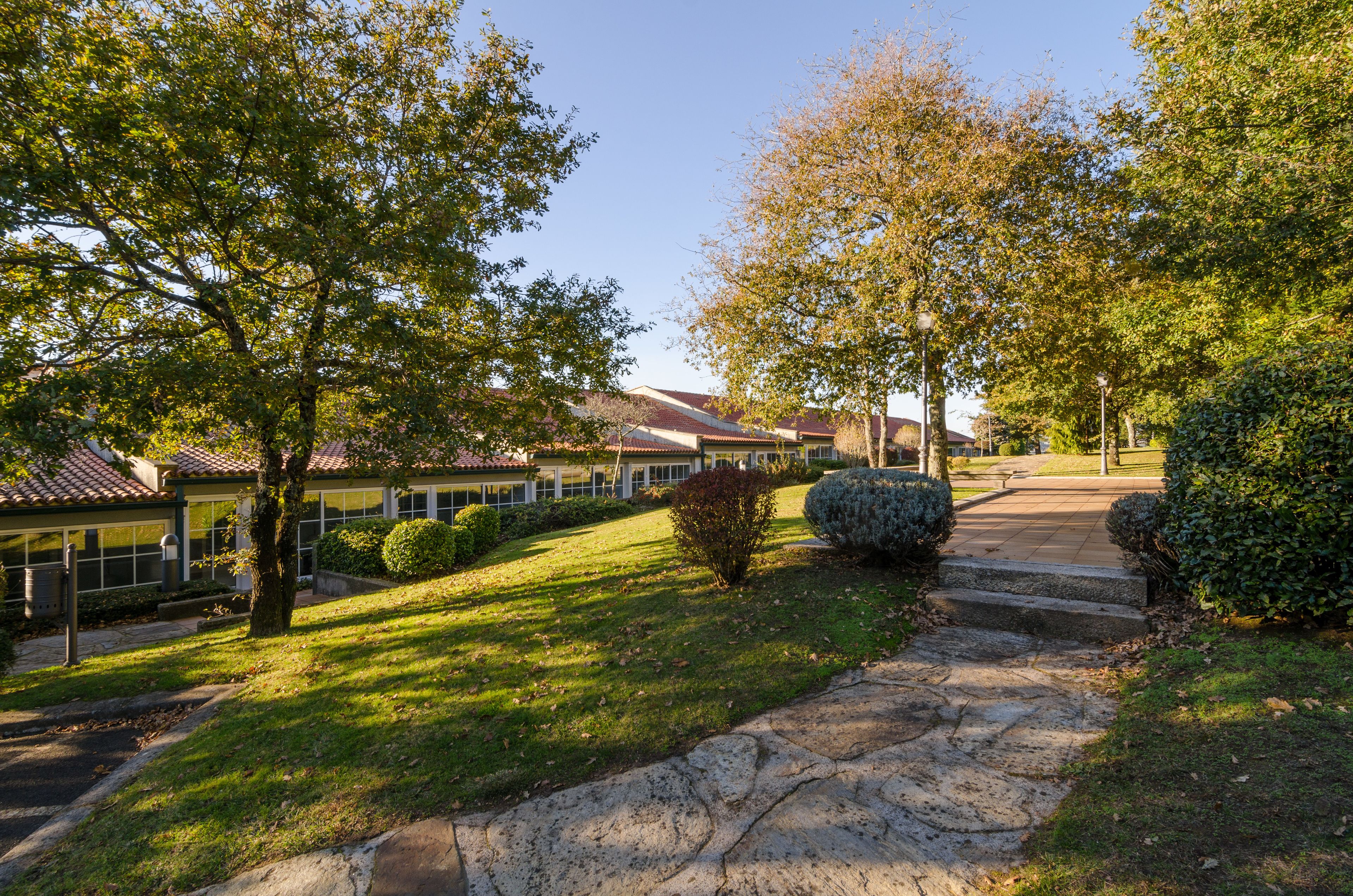 A residential area with a stone pathway leading to a house with a tiled roof.