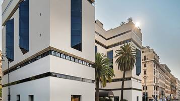 A modern building with large windows and a flat roof, located on a street with palm trees and other buildings.