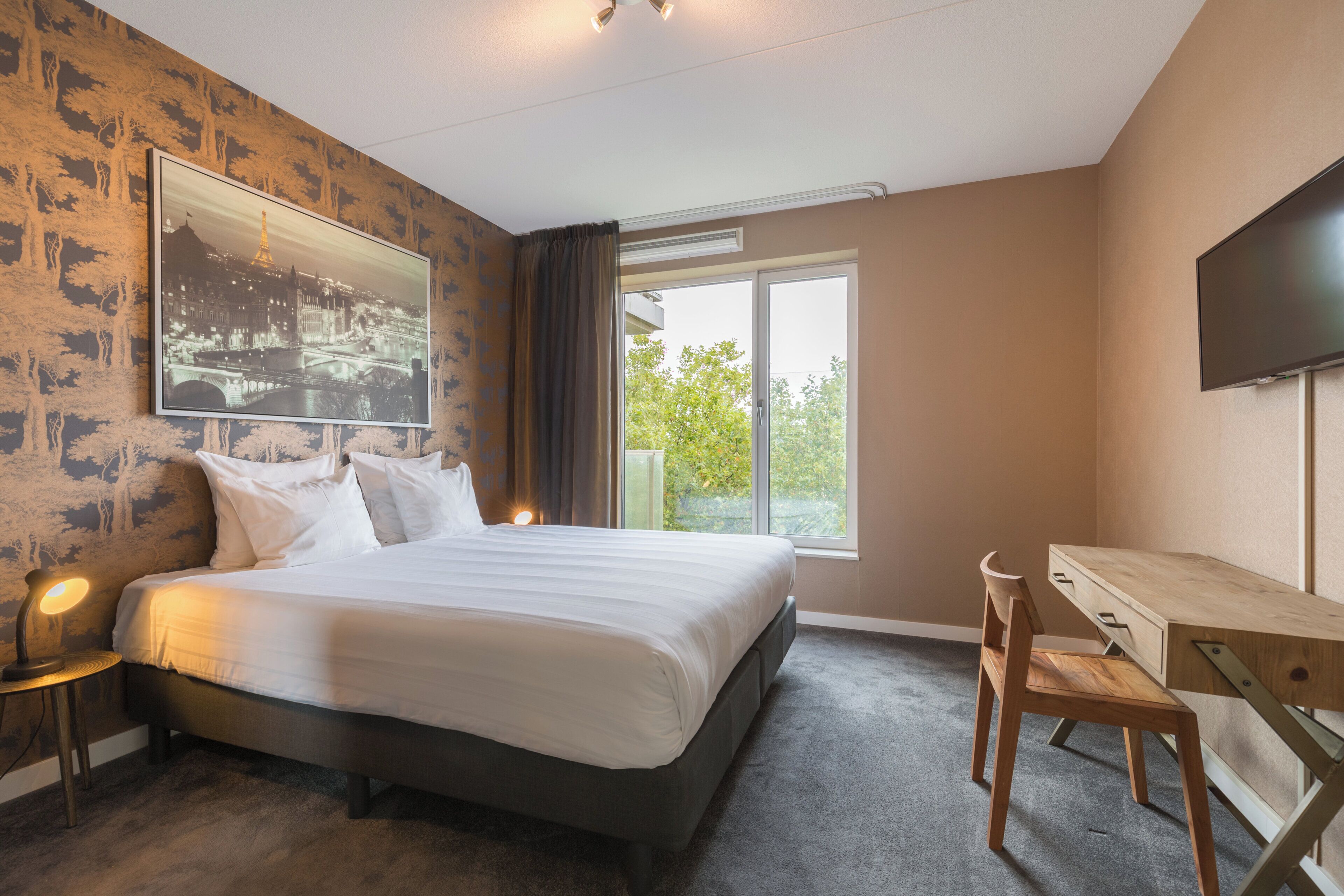 Een slaapkamer met een bed, een bureau, een stoel, een televisie en een raam met uitzicht.