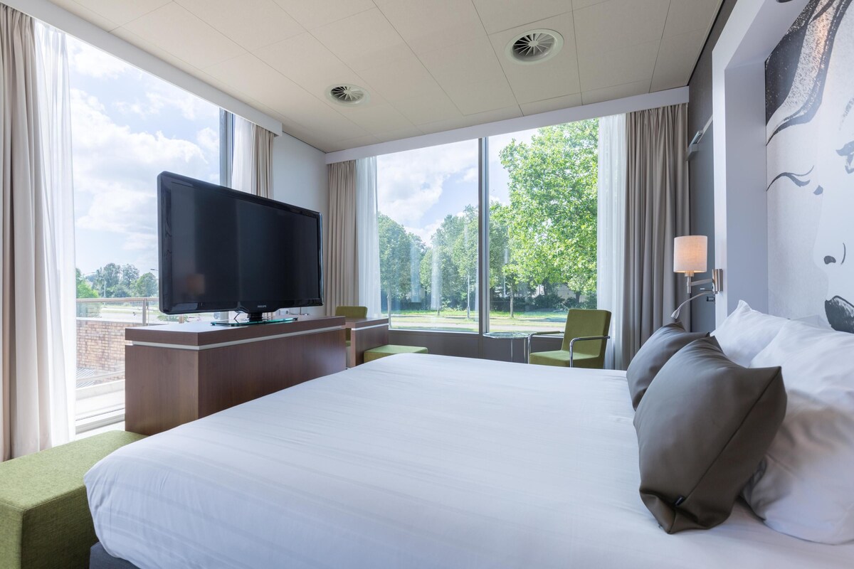 Habitación de hotel con una cama grande, un televisor de pantalla plana, un escritorio y vistas al exterior.