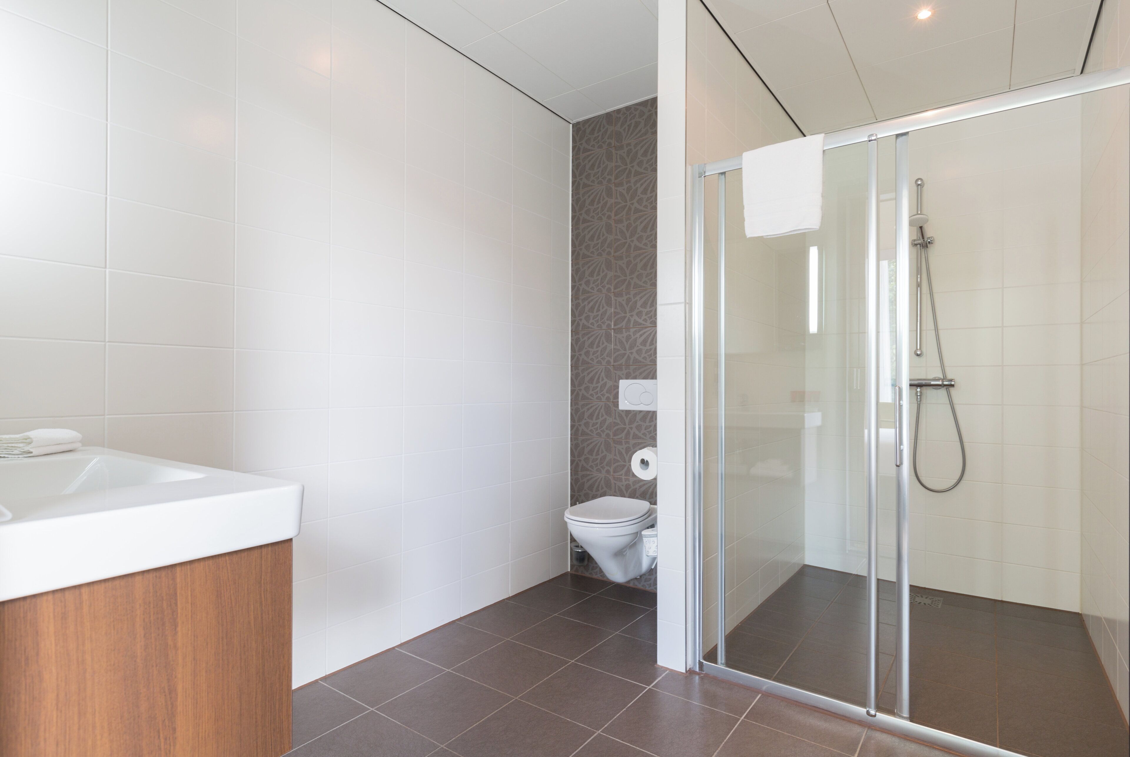 Et moderne badeværelse med en glasbrusekabine, en hvid vask og et toilet.