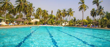 Outdoor pool, open 7 AM to 8 PM, pool umbrellas, sun loungers
