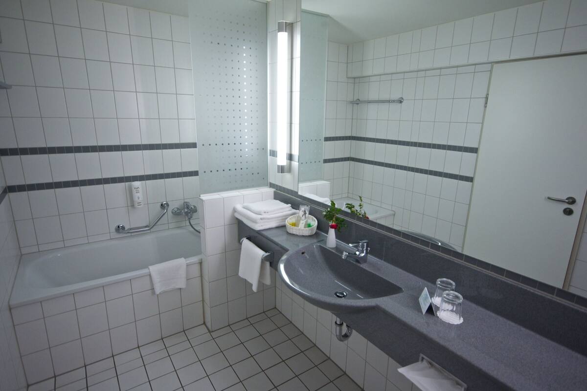 combined shower/bathtub, free toiletries, hair dryer, towels