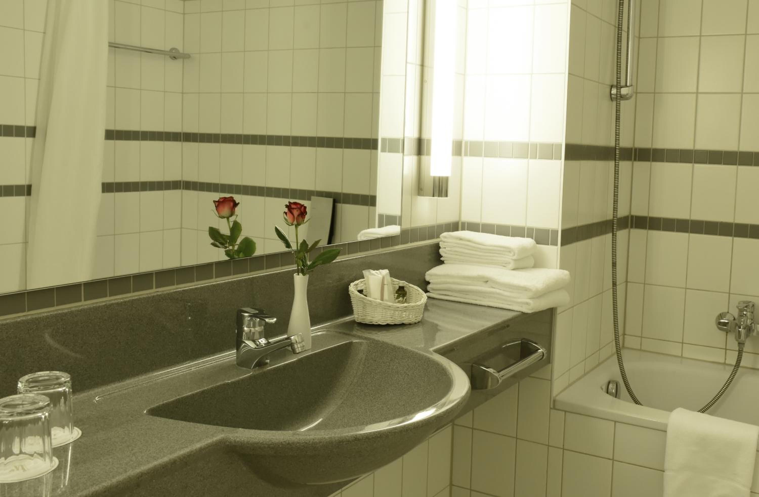 combined shower/bathtub, free toiletries, hair dryer, towels