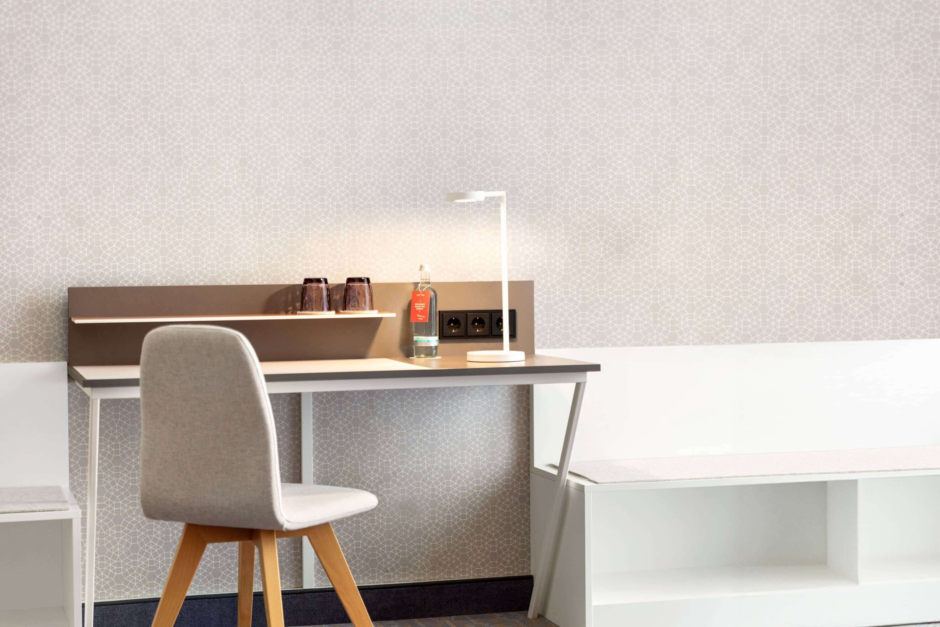 hypo-allergenic bedding, desk, blackout curtains, soundproofing