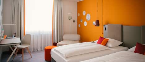 Hypo-allergenic bedding, desk, blackout curtains, soundproofing