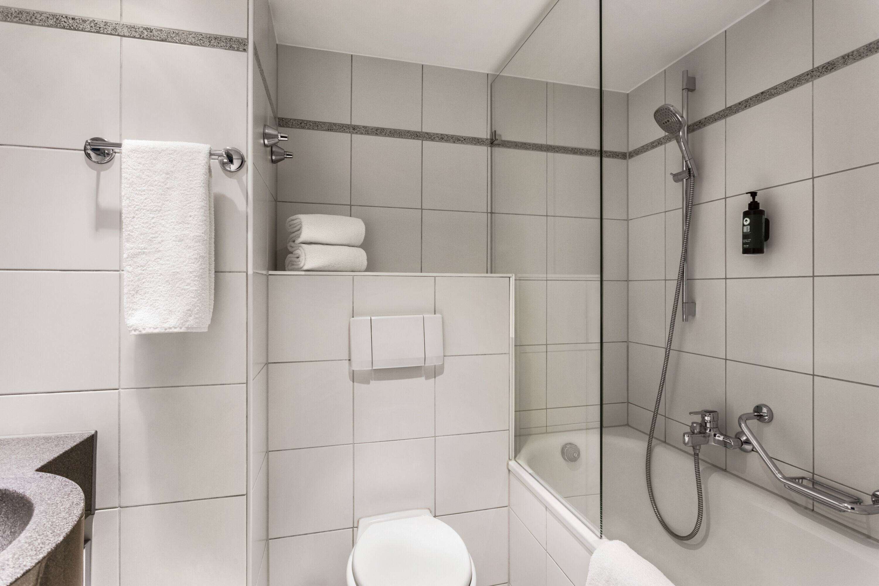 combined shower/bathtub, free toiletries, hair dryer, towels
