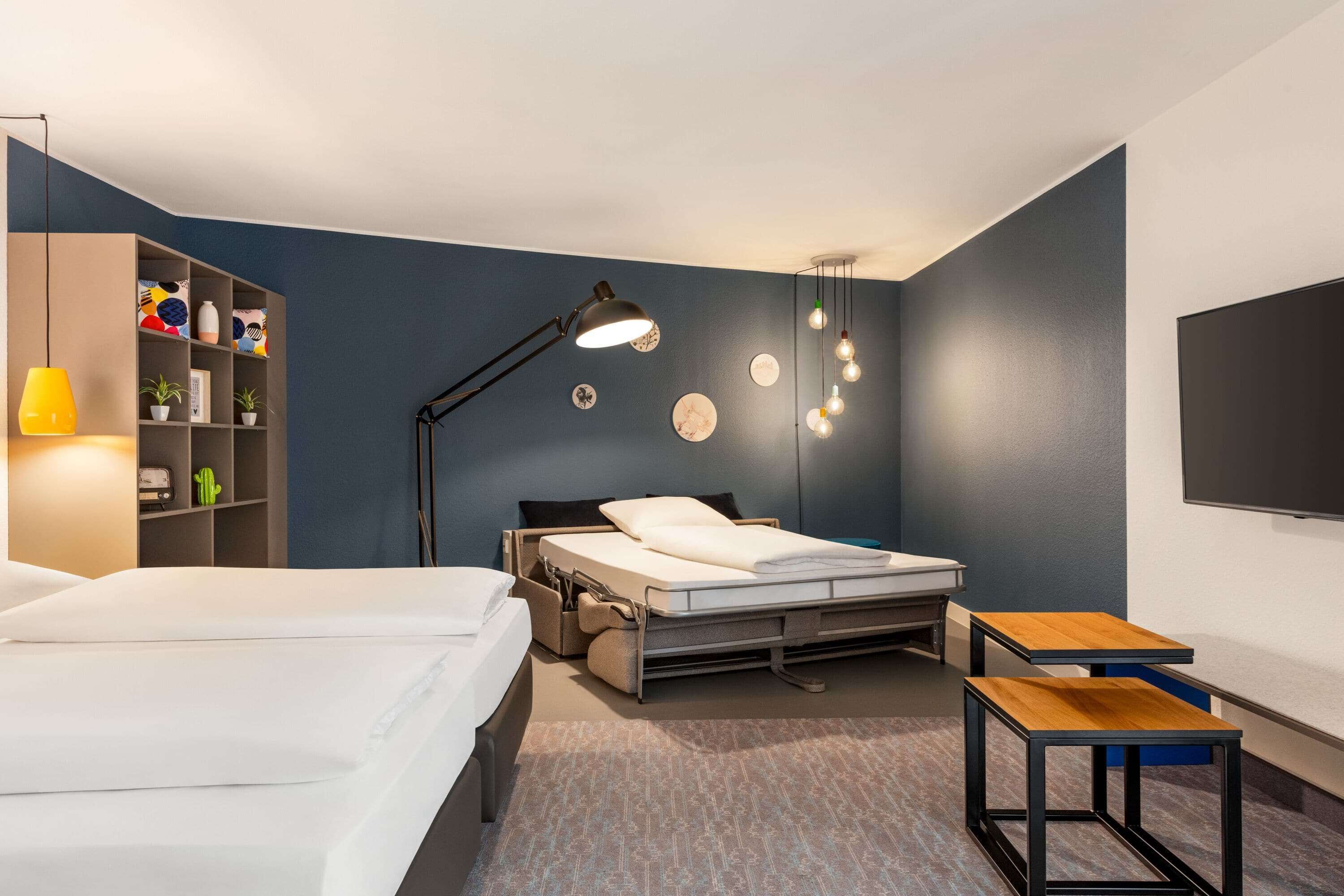 hypo-allergenic bedding, desk, blackout curtains, soundproofing