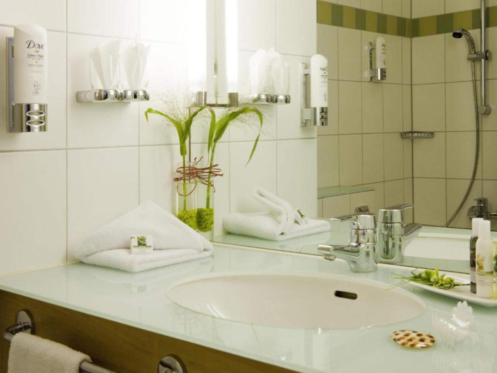 Standard-Doppelzimmer | Badezimmer | Dusche, umweltfreundliche Kosmetikartikel, Handtücher