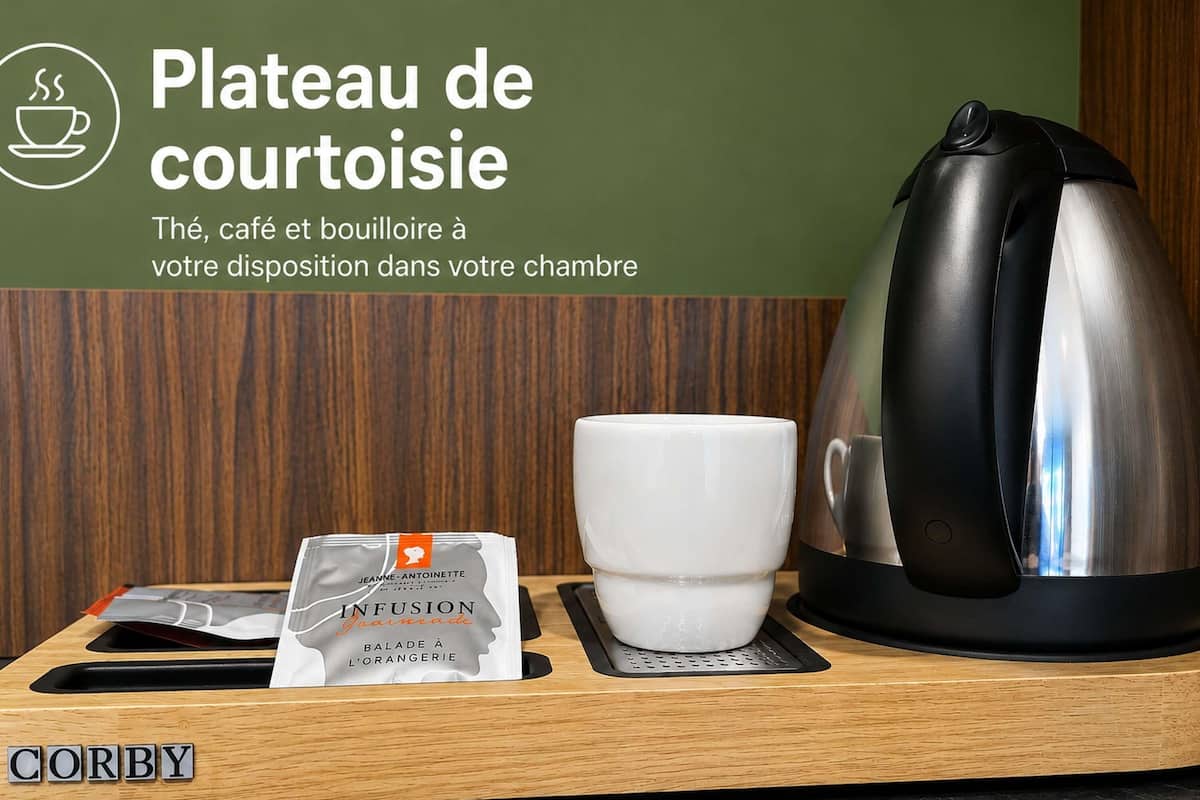 A kitchen counter with a coffee maker, a cup, and a packet of coffee.