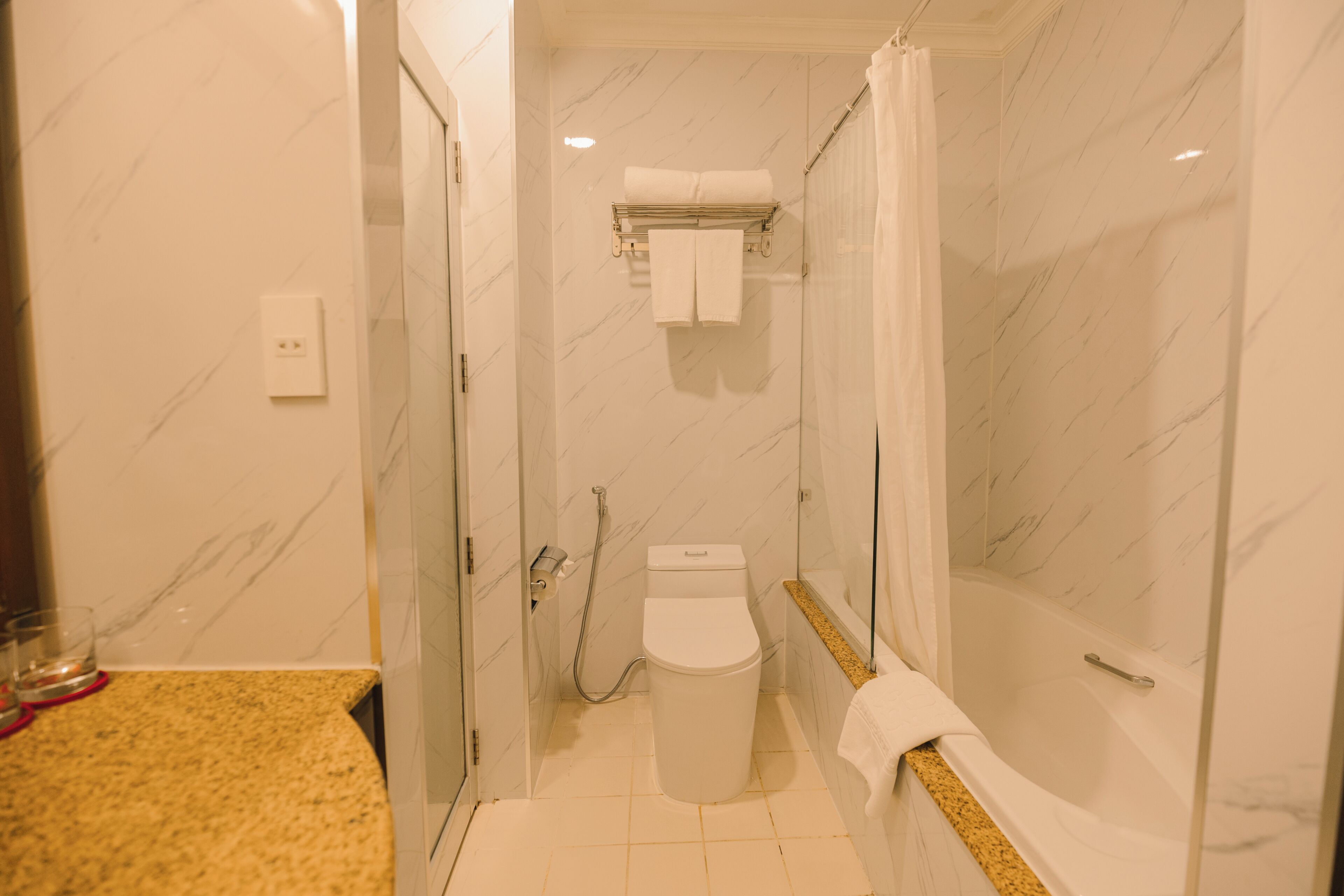 A bathroom with a toilet, shower, and a towel rack.
