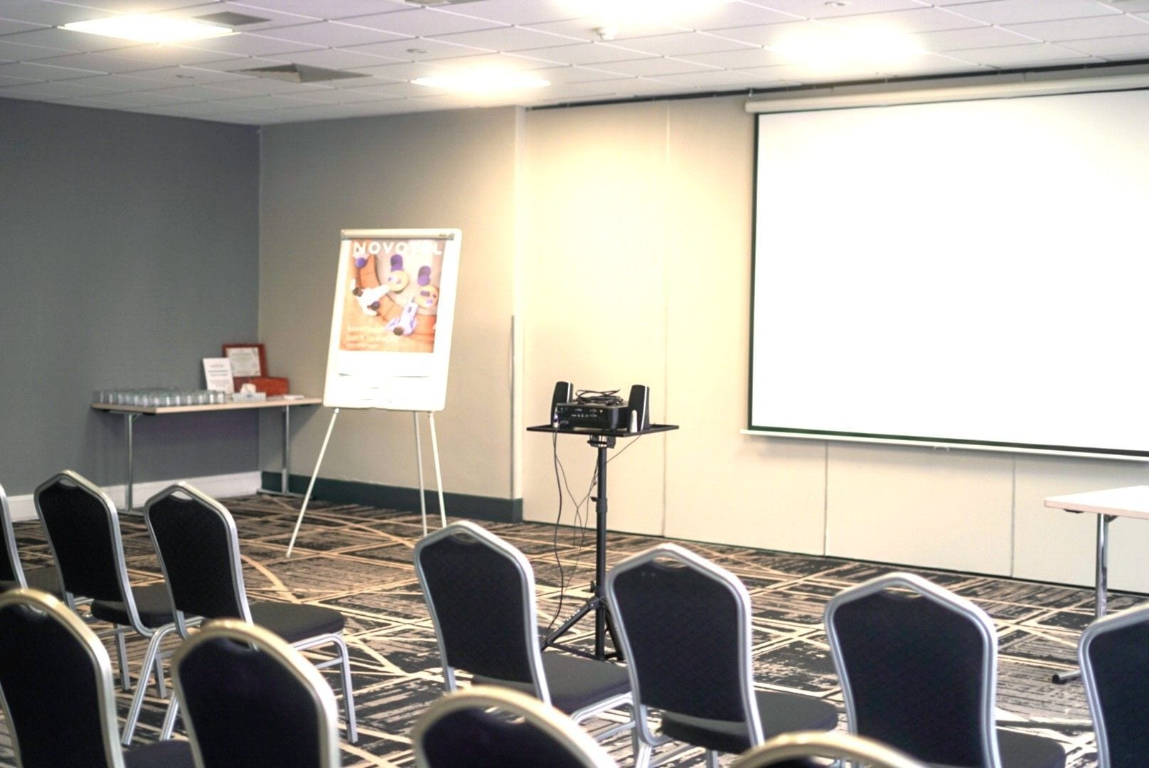 Una sala de conferencias con pantalla para proyector, rotafolio y filas de sillas.