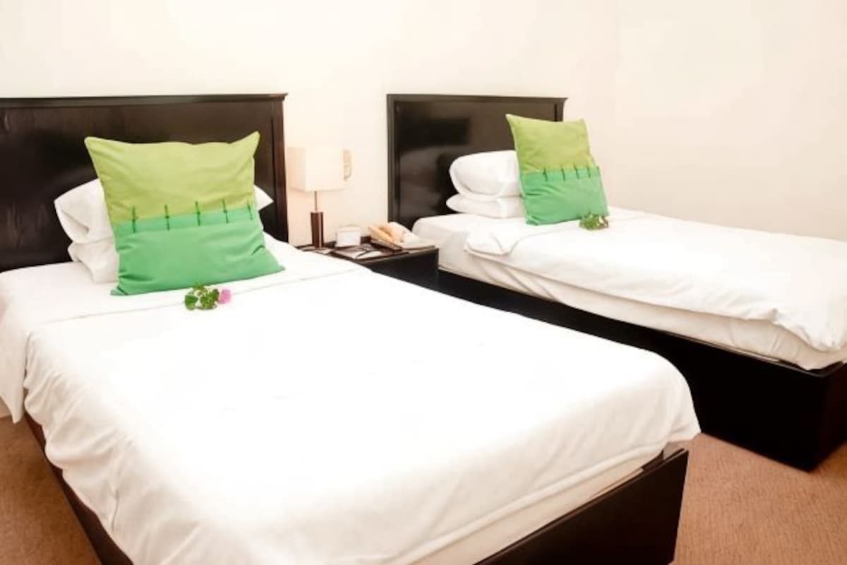 Two single beds with white bedding and green pillows, a bedside table with a lamp, and a wall-mounted phone.