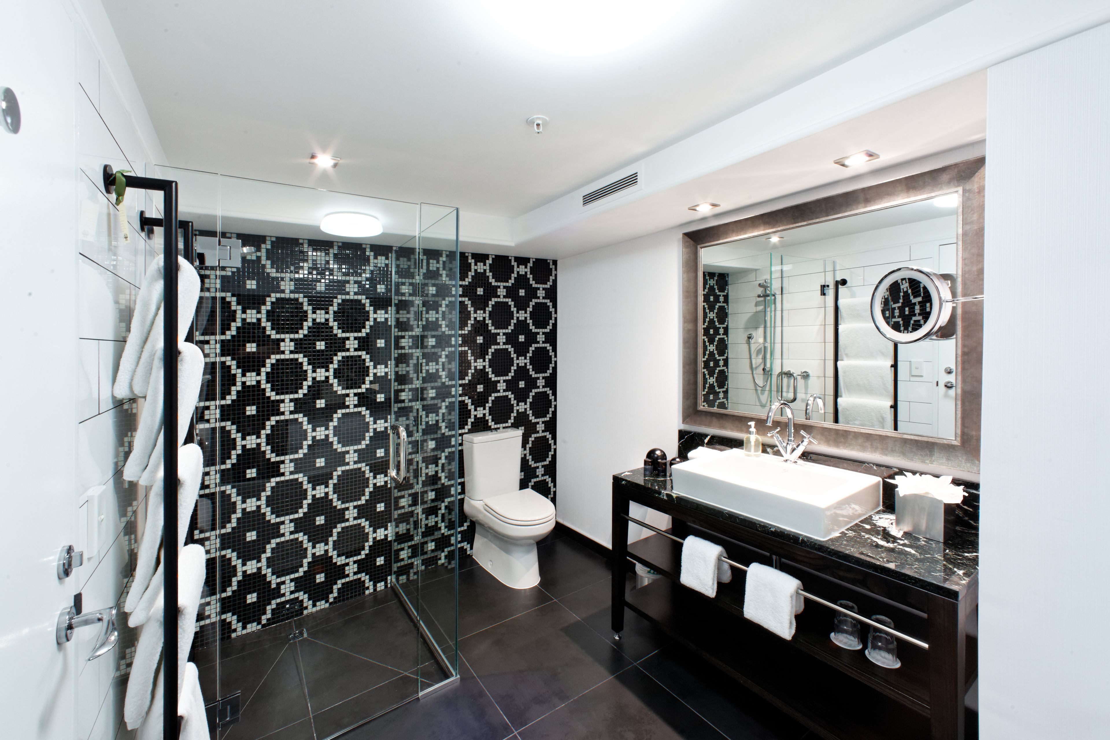 shower, designer toiletries, hair dryer, bathrobes