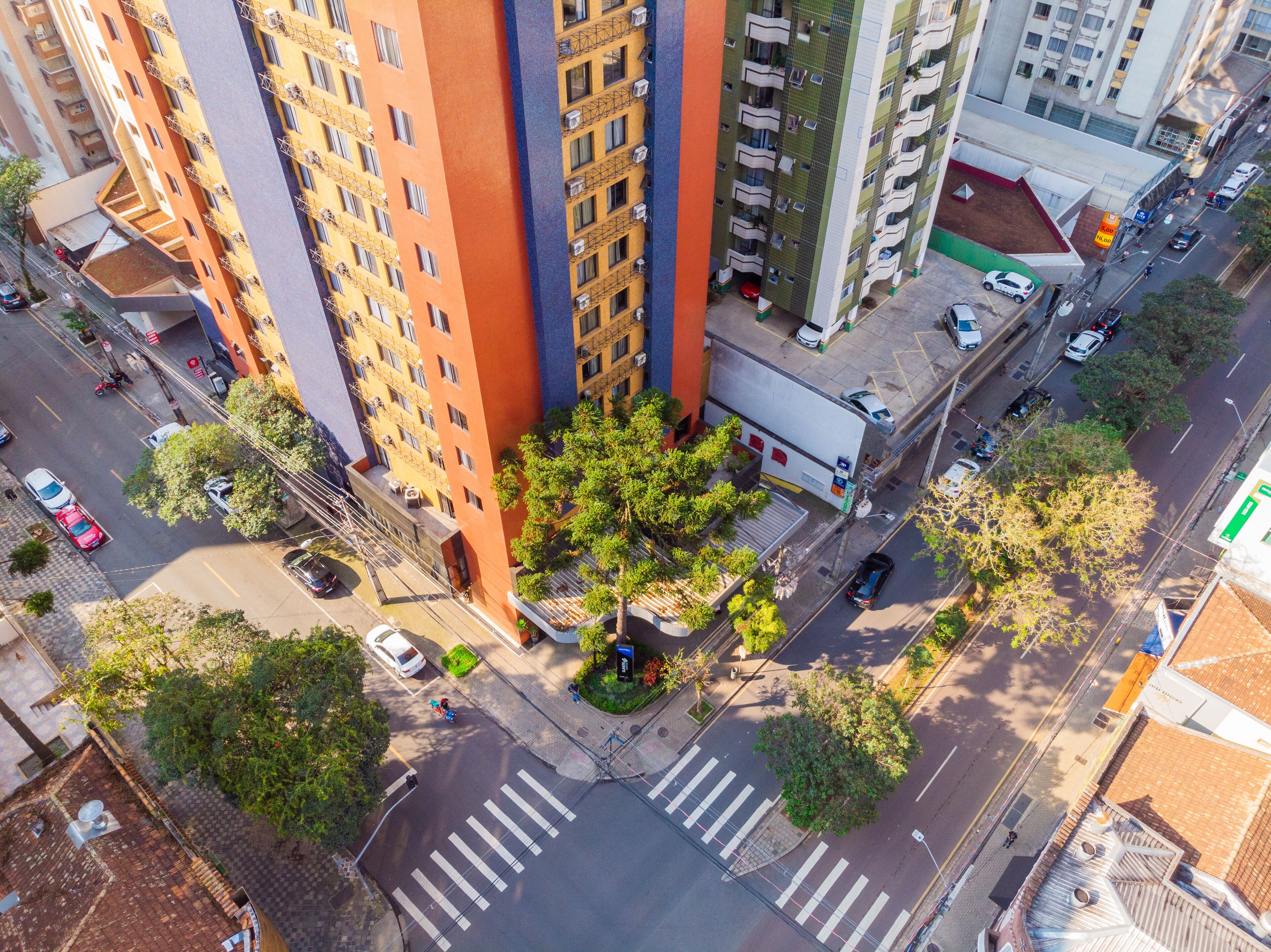 A high-rise building with multiple floors, balconies, and a street view with cars and trees.