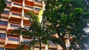 Un immeuble de grande hauteur doté de nombreux balcons, entouré de palmiers et de verdure.